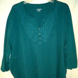 (B) Catherine's V Neck Lace Front 3/4 Sleeve Emerald Green Woman's Size 4X